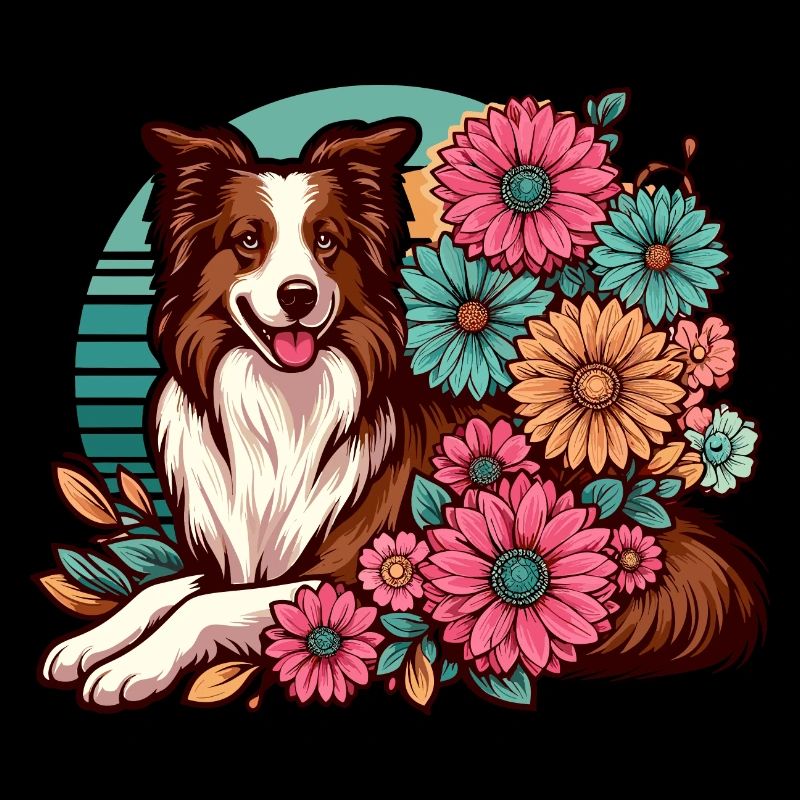 Border Collie Retro Pastell Blumen rot braun