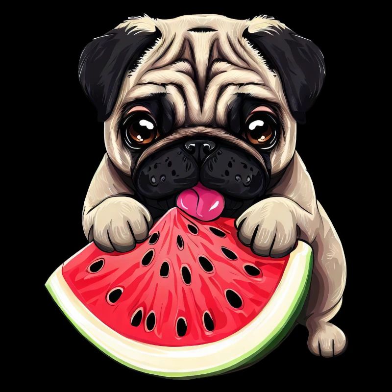 Hund Mops mit Wassermelone, Süßes Südfrucht Design