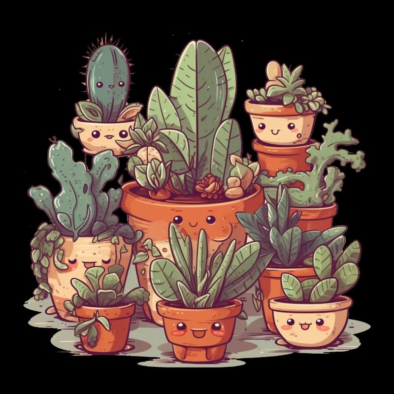 Cute succulents as comic in ceramic pots