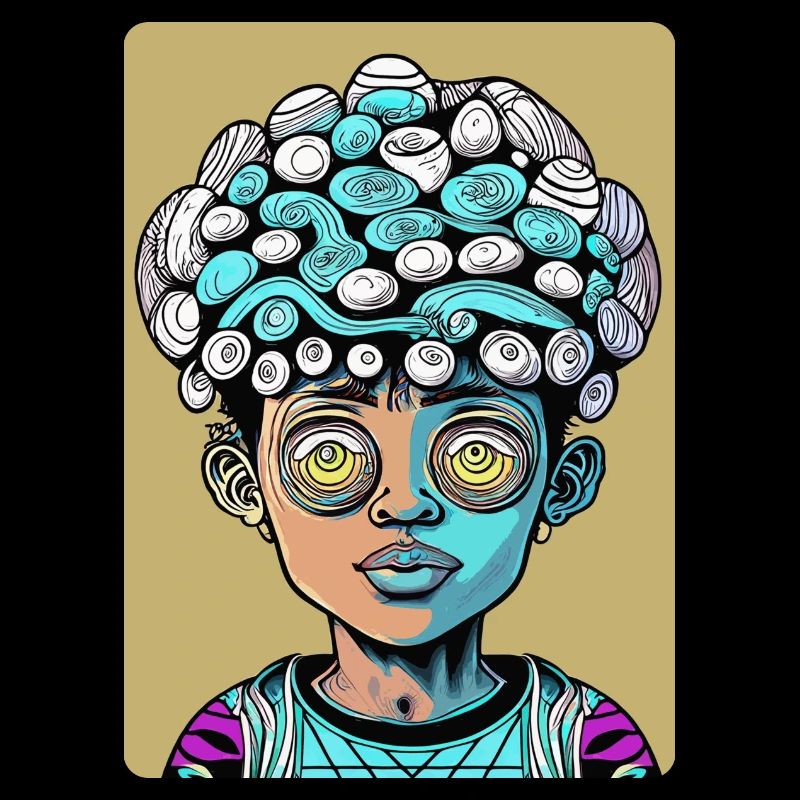 Psychedelisches mysteriöses Kind mit großem Kopf