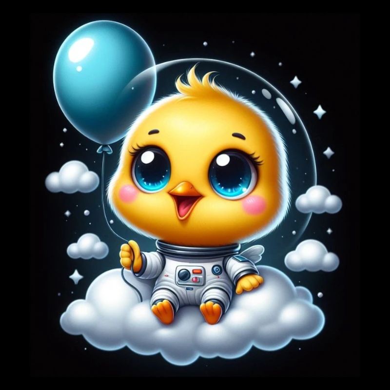 poussin de l’espace avec ballon sur nuage en combinaison spatiale