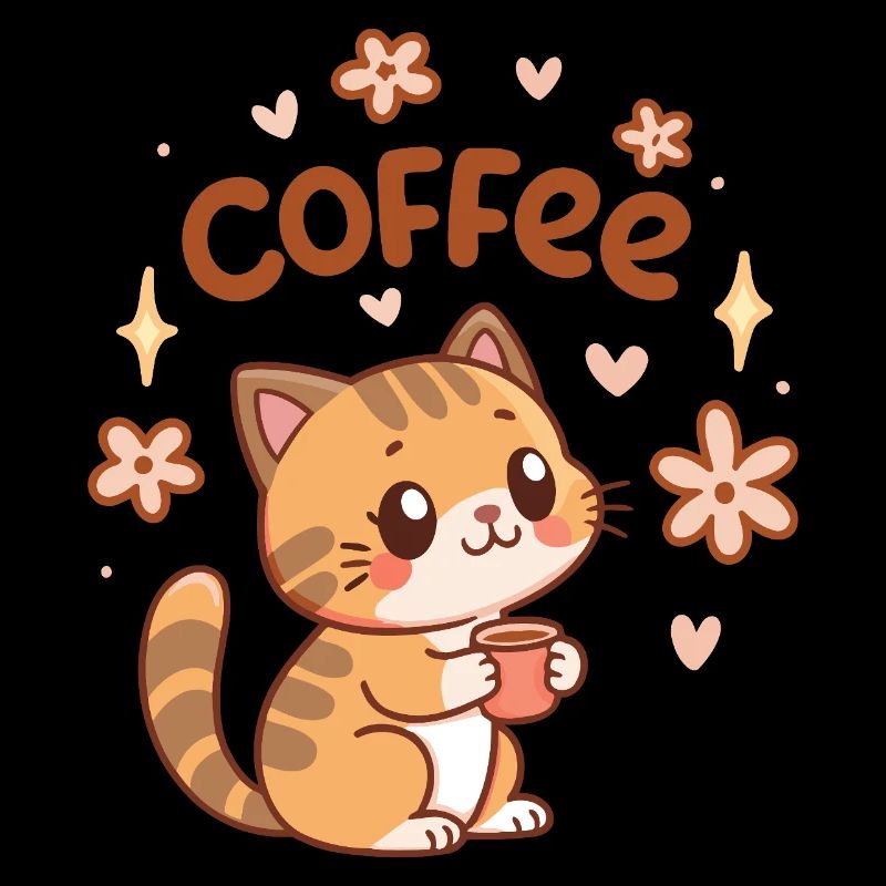 Chat café mignon et fleurs