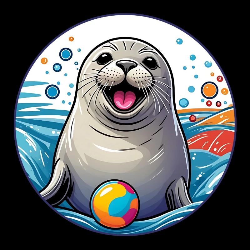 Lachender Seehund Robbe mit buntem Ball