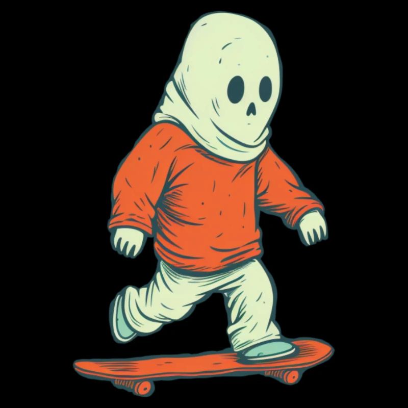 70s Cartoon Comic Style Ghost on His Skateboard