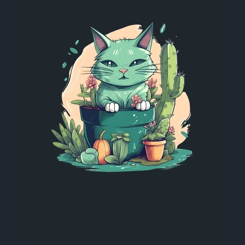 Chat vert en pot de fleurs avec cactus et citrouille