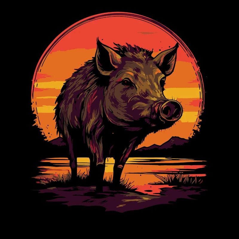Coucher de soleil rétro et sanglier