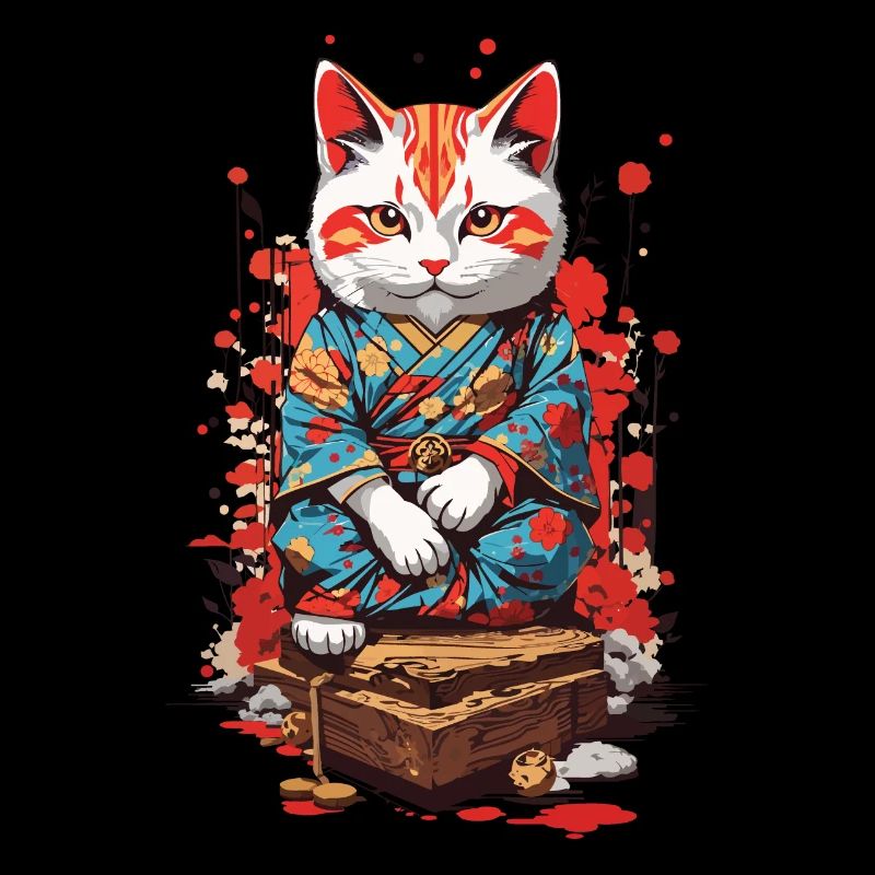 Ukiyo-E Style Lucky et Cat Lucky Charm Chats