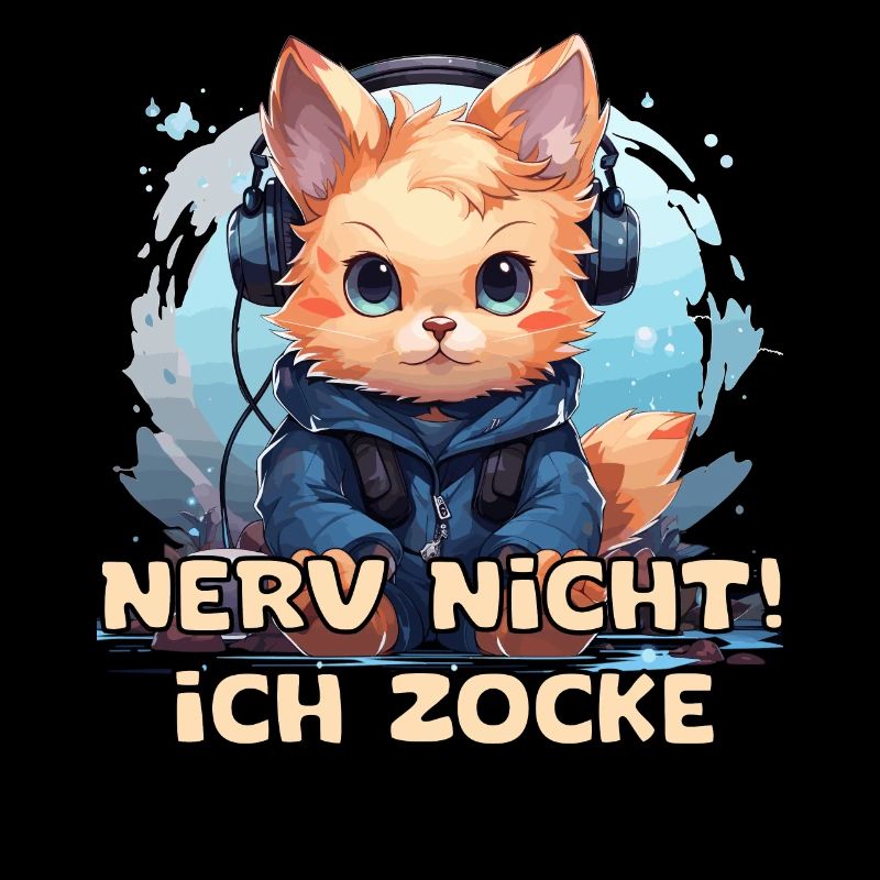 Lustige Katze mit Kopfhörer beim Zocken mit Spruch