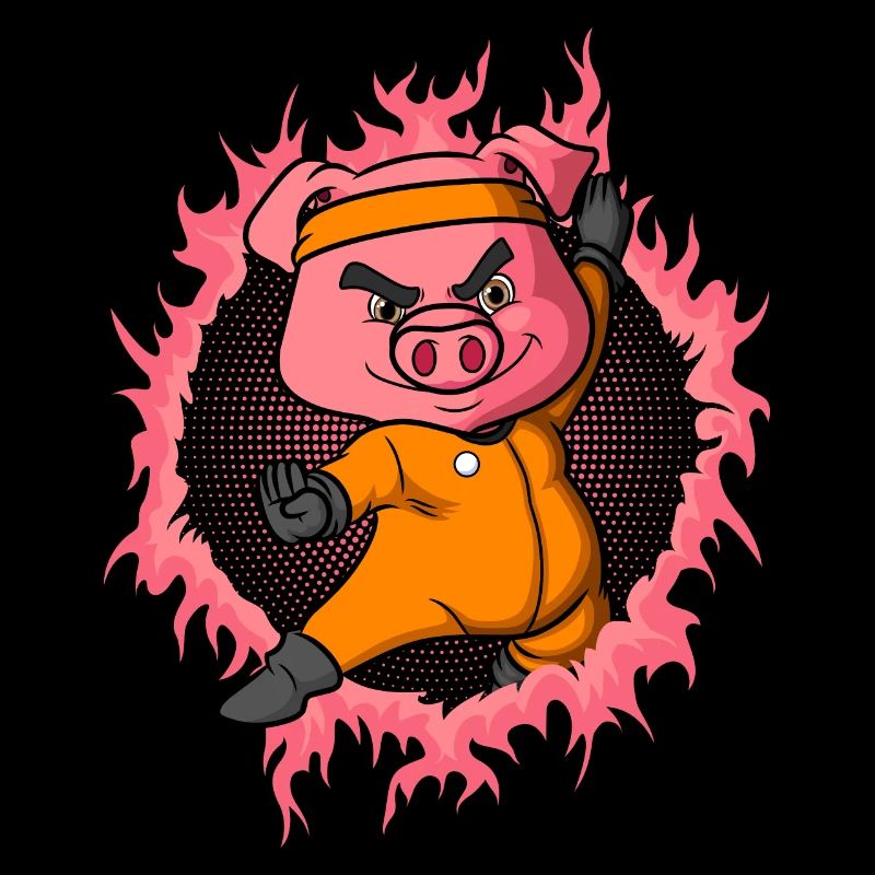 Cochon de kung fu avec fond de feu en demi-teinte