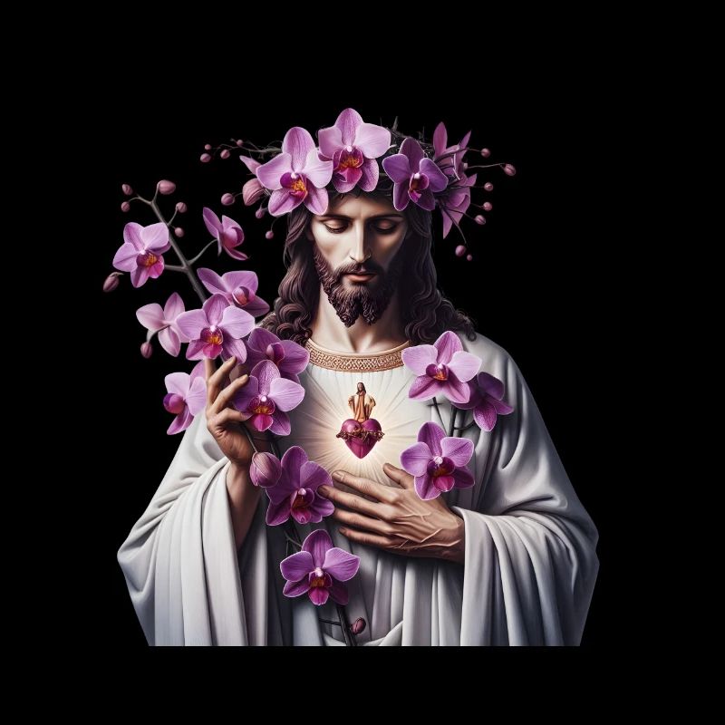 Jesus mit lila Orchideen