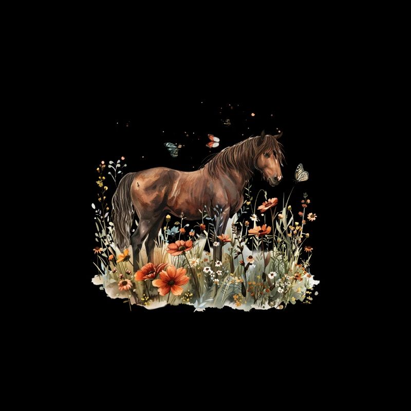 Cheval brun dans un champ de fleurs avec des papillons