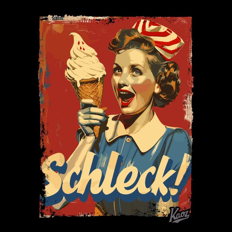 Fröhliche 1950er-Hausfrau mit Eiscreme – Schleck!