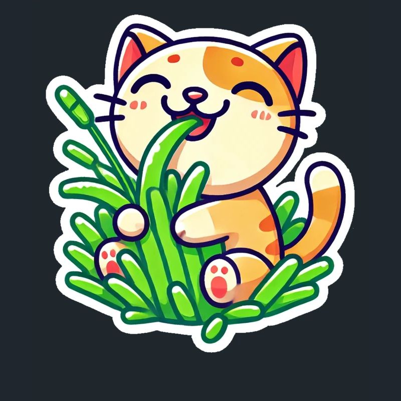 Chat roux mignon mangeant de l’herbe verte