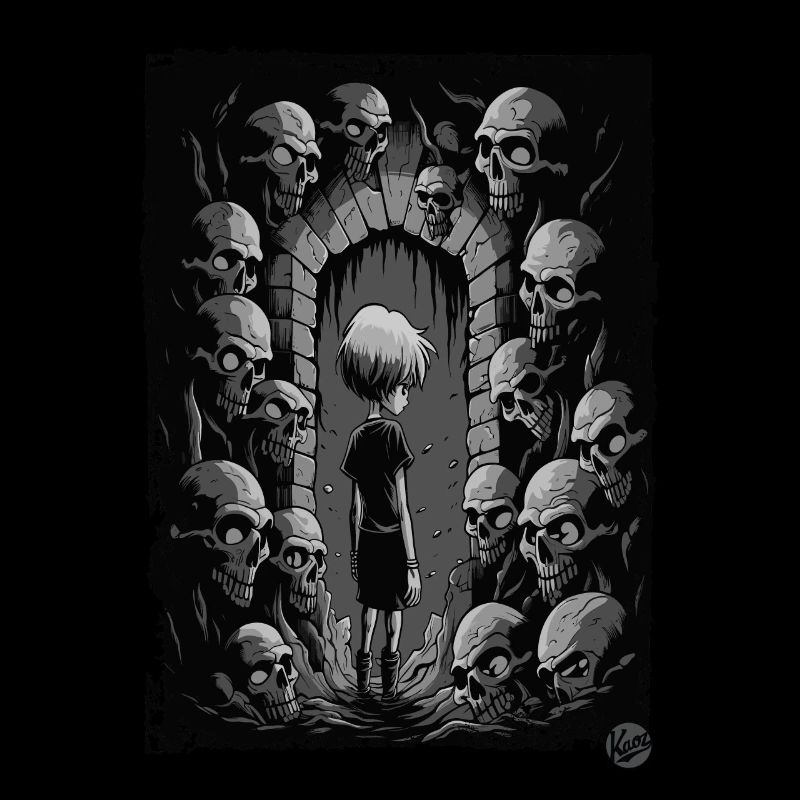 Boy in the dungeon with skulls