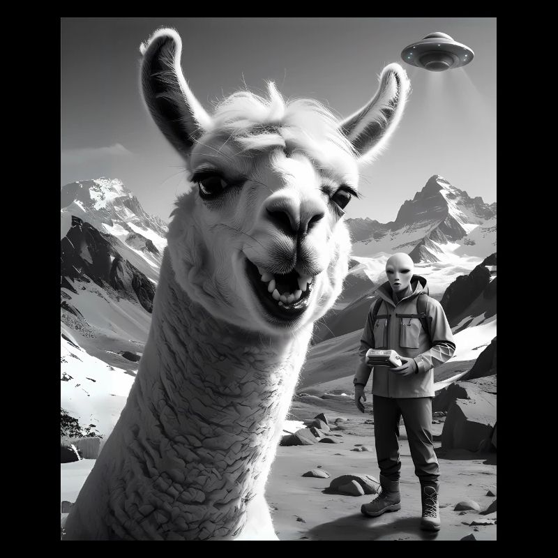Lama macht ein Selfie in den Bergen mit Alien Ufo