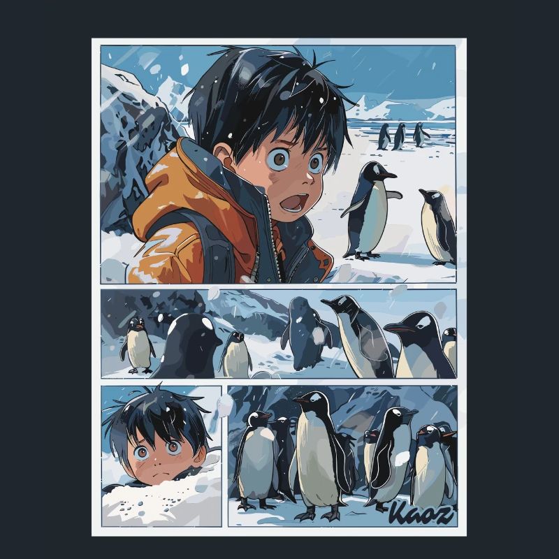 Garçon perdu et pingouins dans le style de la bande dessinée