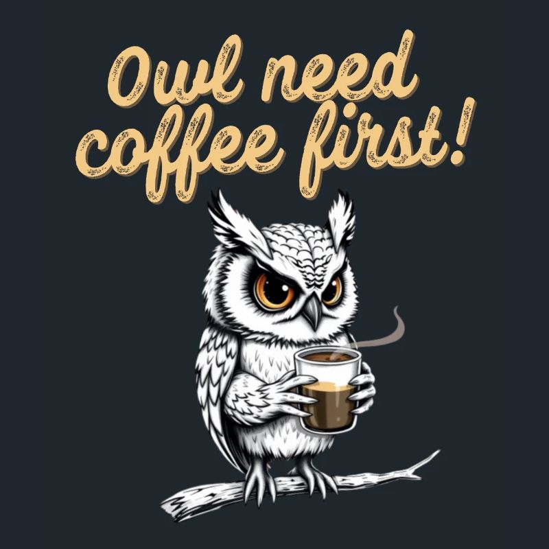 Funny Owl Drinks Coffee Saying Caffeine First
