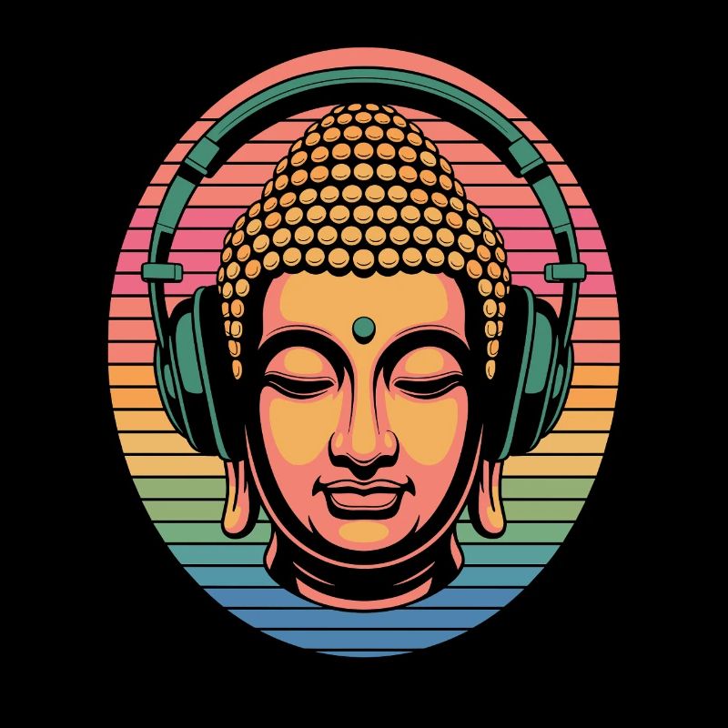Buddha mit Kopfhörern Achtsamkeit Musik Boho Zen