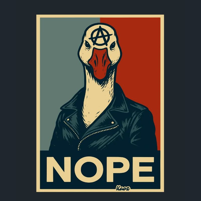 Goose with leather jacket says no