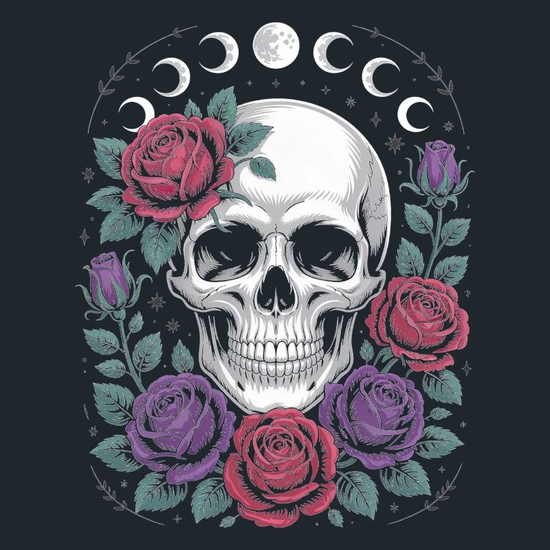 Gothic Totenschädel mit Mondphasen und Rosen Design