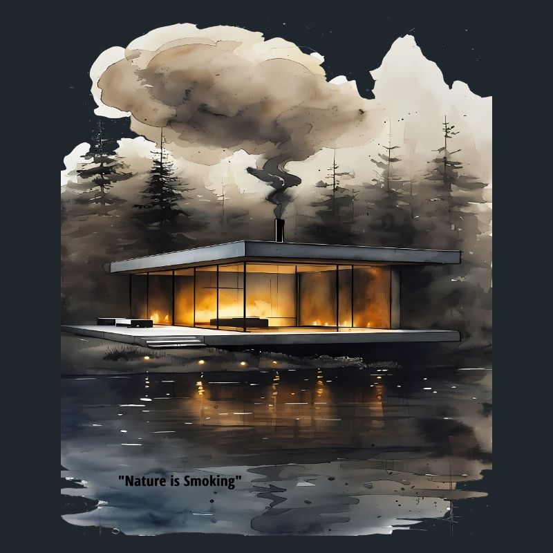 Cabane moderne éclairée par le feu sur le lac