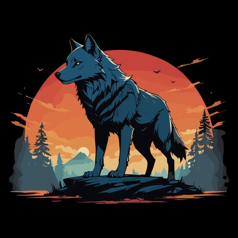 Wolf Howling Golden Hour Landscape Illustration