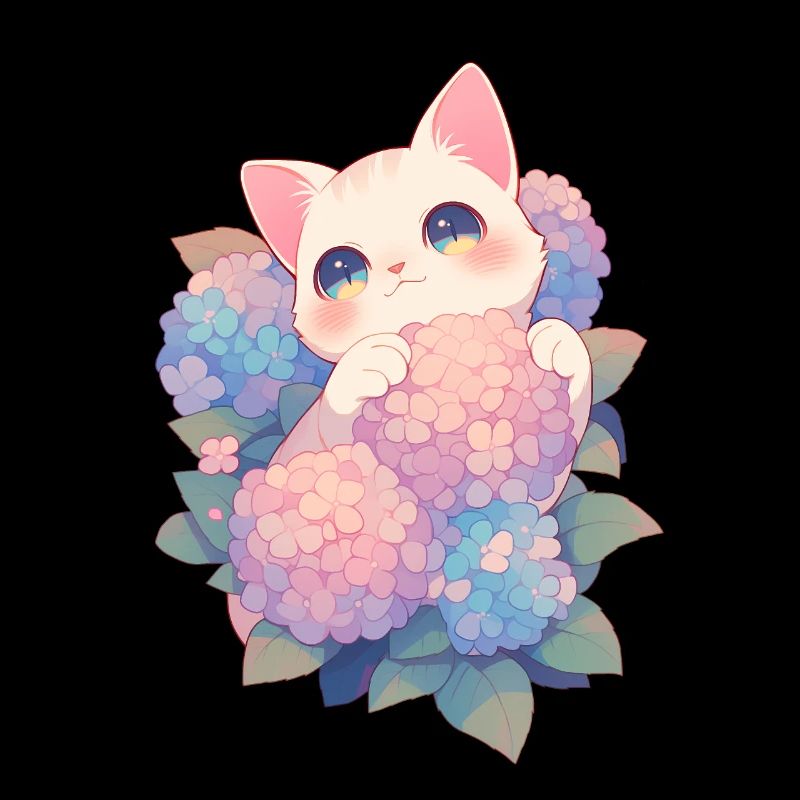 Kawaii White Cat Hydrangeas Flowers Chibi Style