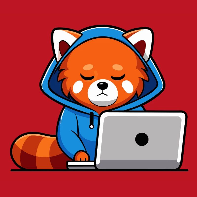 Mignon hacker panda roux en sweat à capuche devant PC