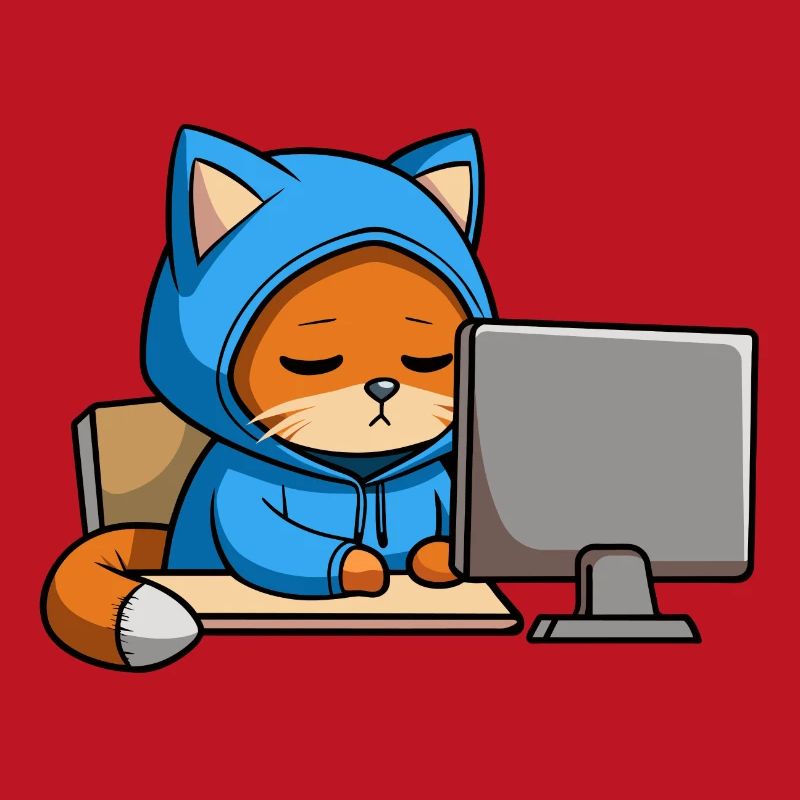 Un chat hacker mignon dort dans un sweat à capuche devant le PC
