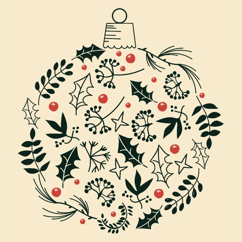 Weihnachtskugel mit Stechpalme und Vogelbeerblättern