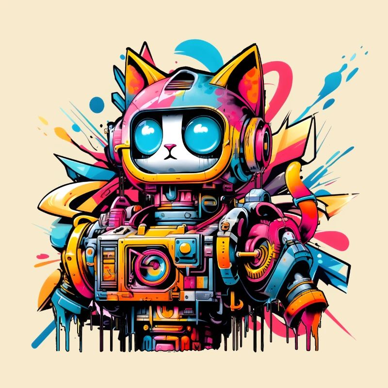 Chat conçu comme un robot dans le style graffiti de la bande dessinée