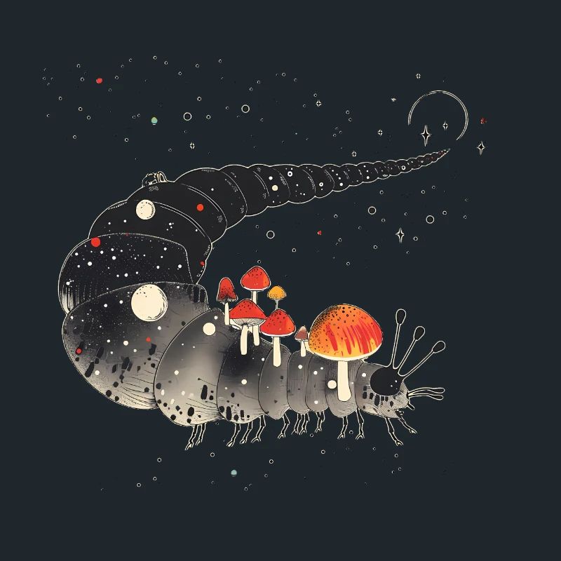 Surreal Caterpillar with Toadstools - Forest Motif