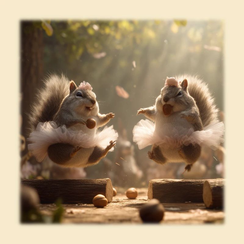 Tanzende Eichhörnchen im Tutu mit Eicheln