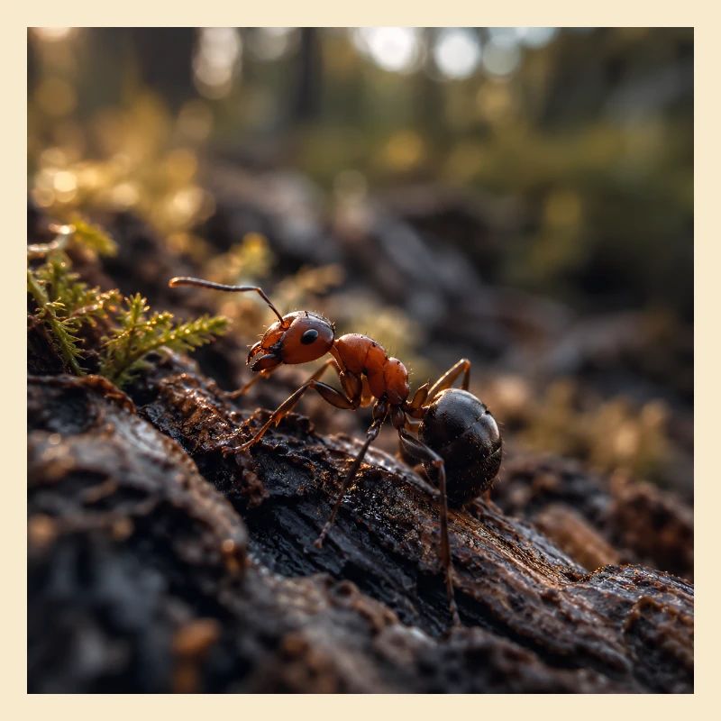 Red ant on Wood Under Moss