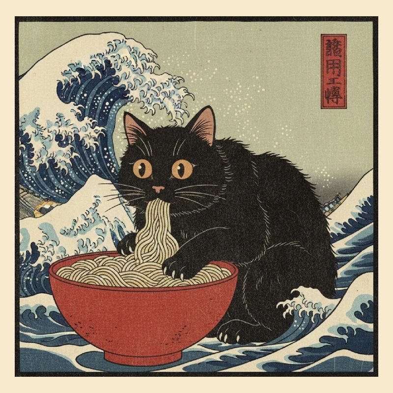 Japan Cat Ramen Noodles Retro Wave Pattern