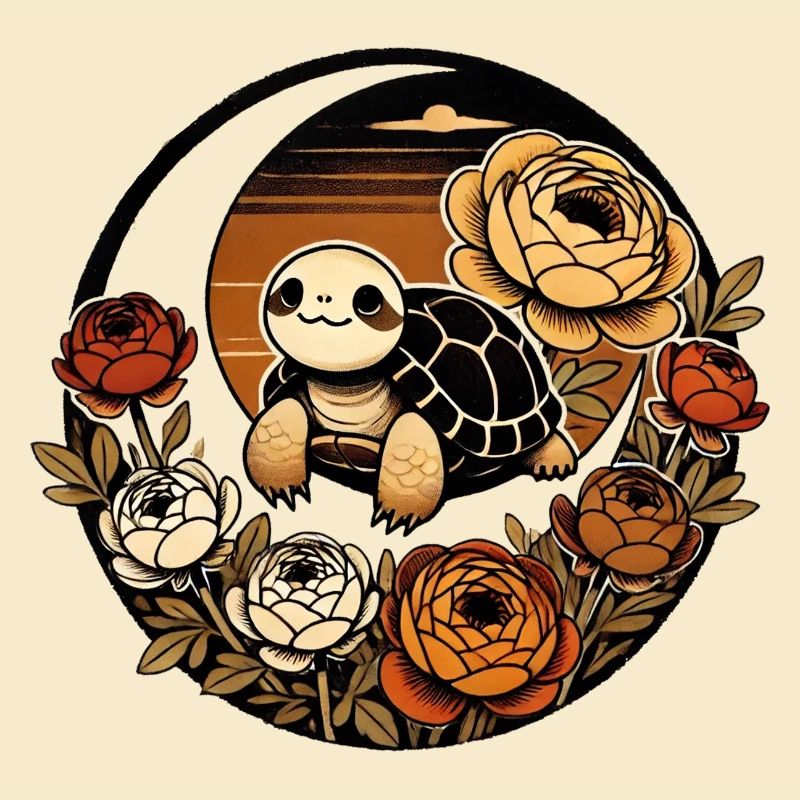 Sunset Turtle Among Peony Bloom