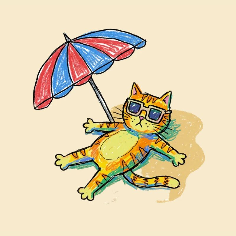 Bunte Strandkatze mit Sonnenschirm