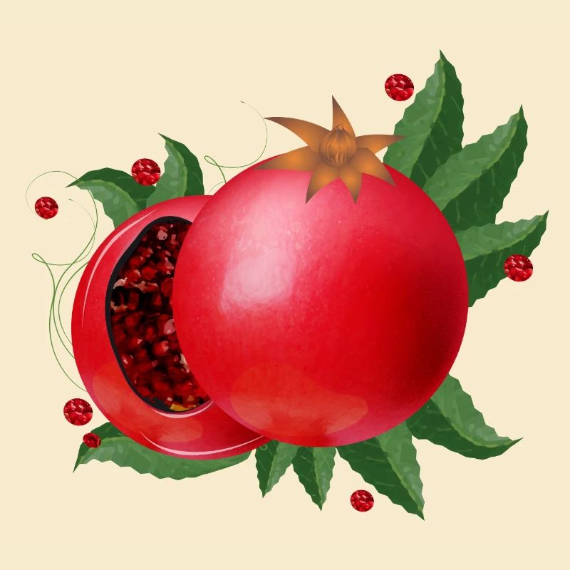 blood-red open pomegranates with leaves