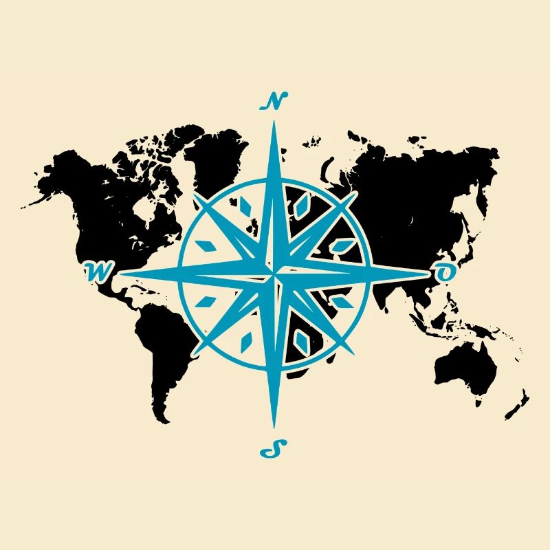 Windrose oder Kompassrose mit schwarzer Weltkarte