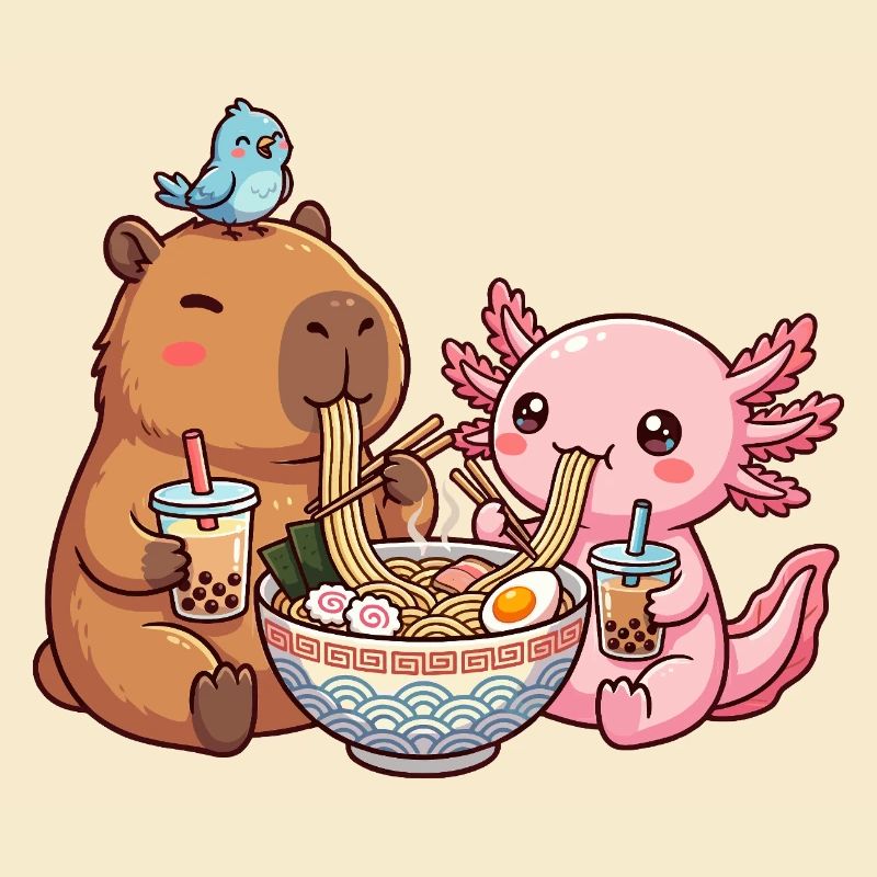 Kawaii Capybara Axolotl Ramen Bubble Tea