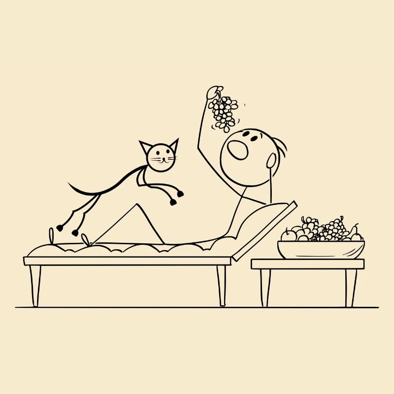 Drôle de stickman mangeant des raisins avec Cat Katze