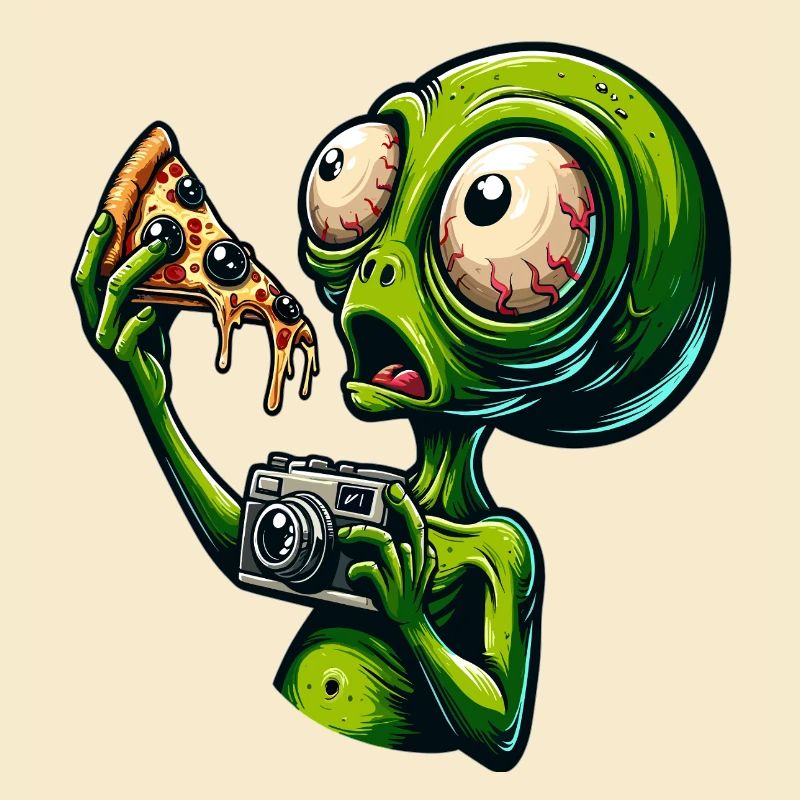 Alien mit Pizza und Kamera