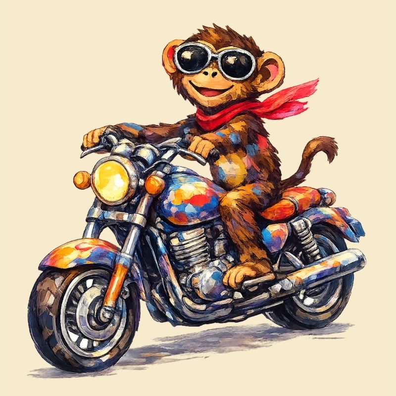 Bunter Affe auf Motorrad
