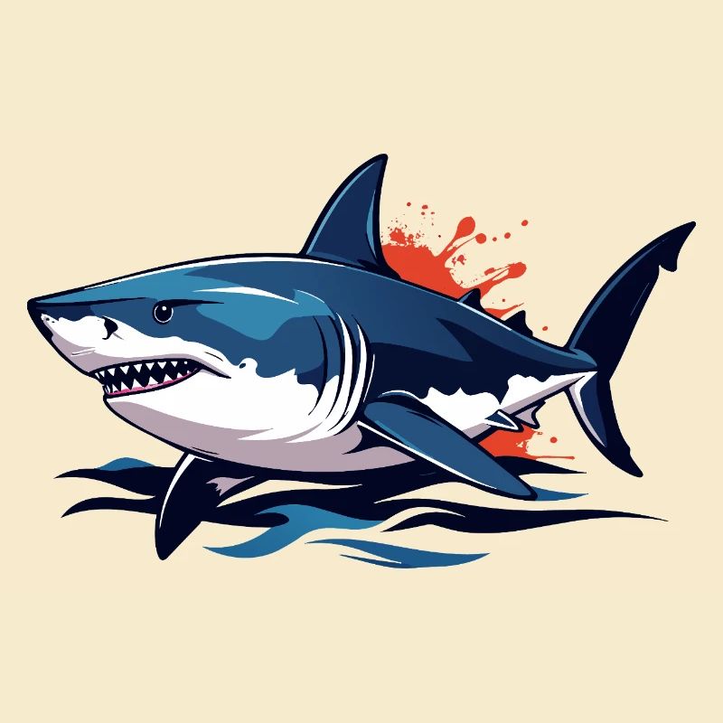 Blue Deep Sea Shark with Red Splashes White Shark