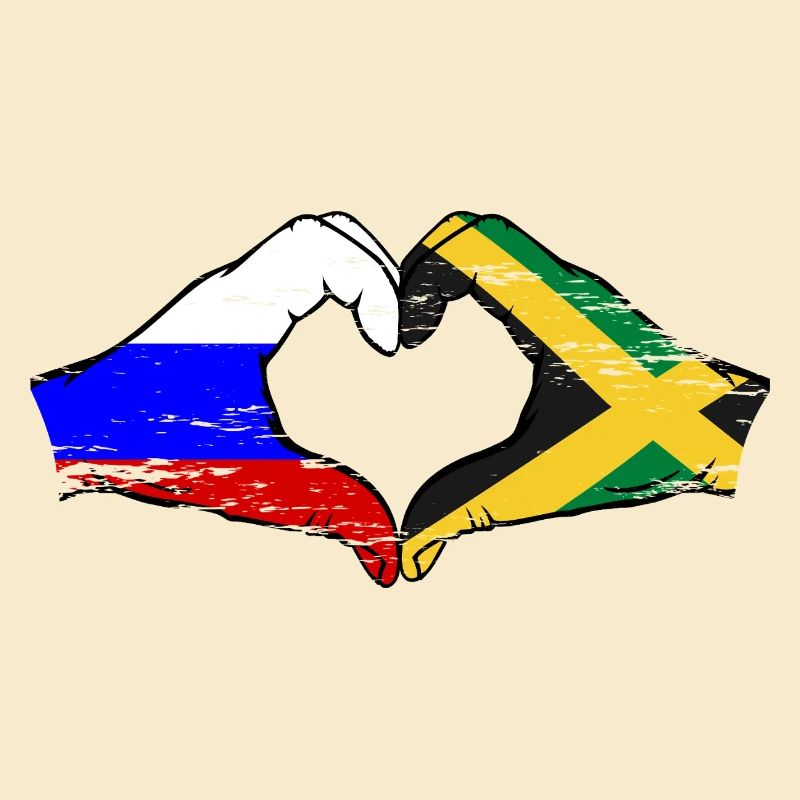 Russie Jamaïque drapeau mains forme de coeur utilisé