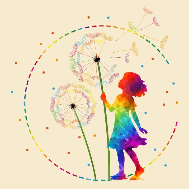 Regenbogen Mädchen mit Pusteblume