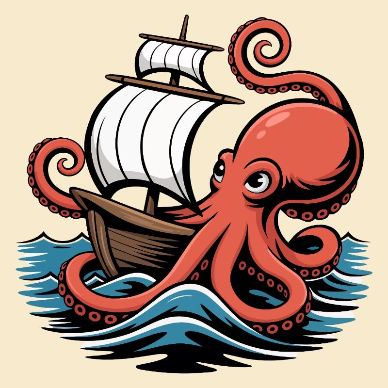 Octopus Entwines Sailing Ship Squid Ship