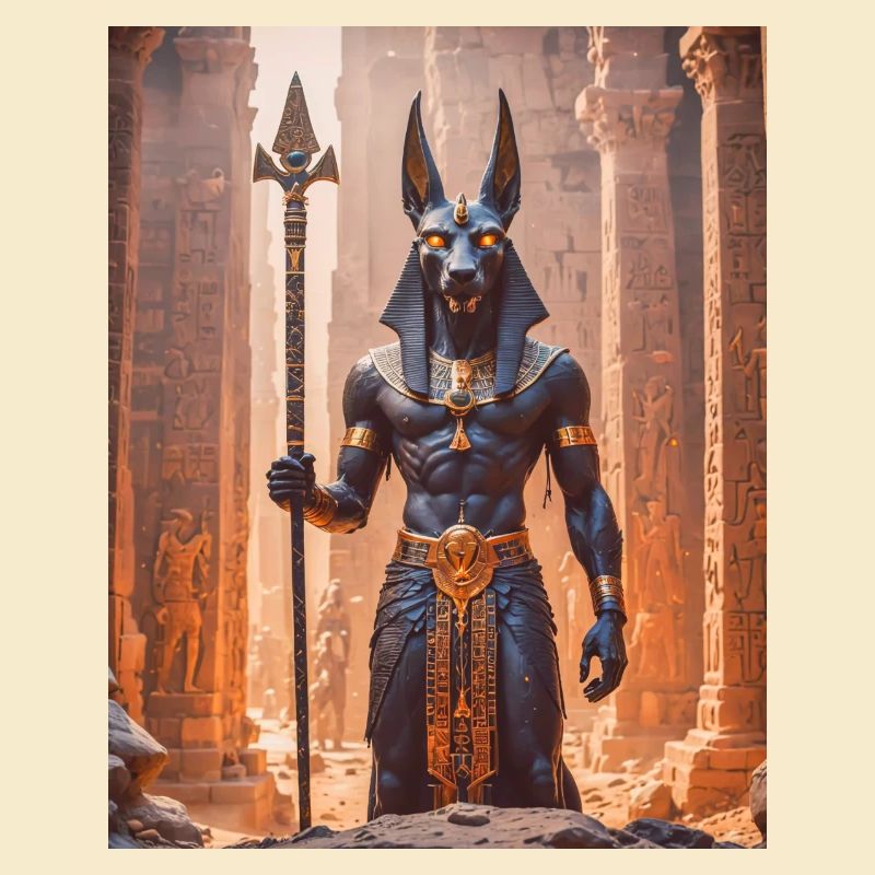 Anubis, schakalköpfiger Gott, steht in einem schemenhaften