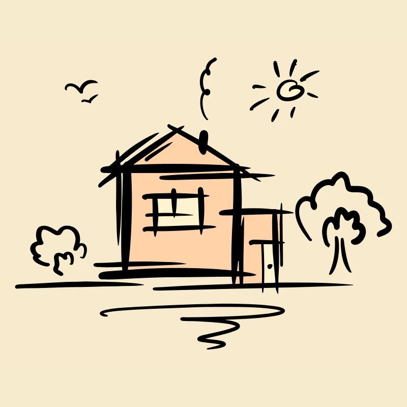 House with trees and sun. Drawing. Scribble.