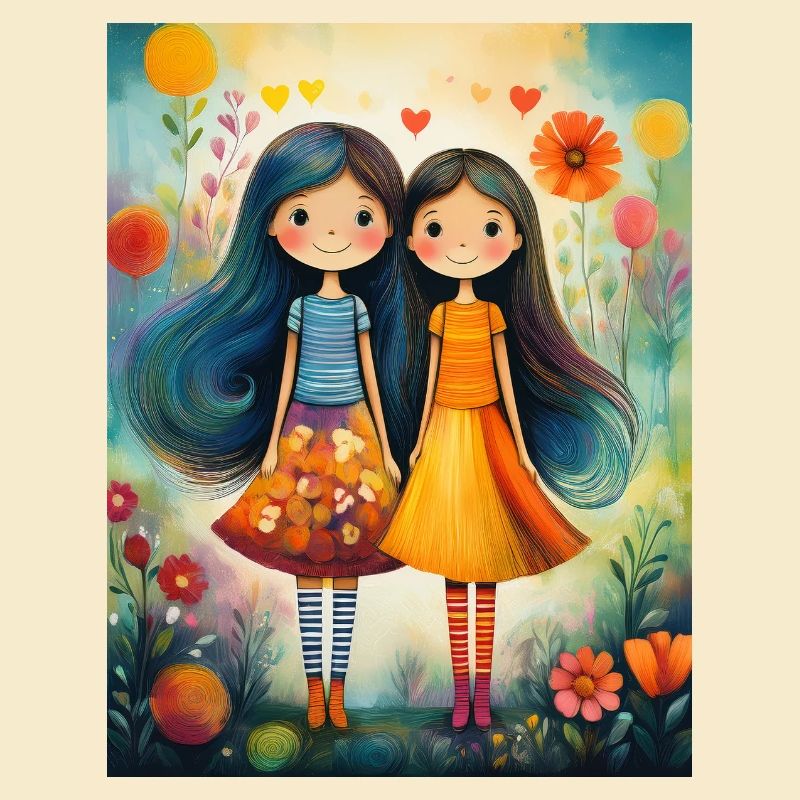 Fillettes Souriantes Décor Fleuri